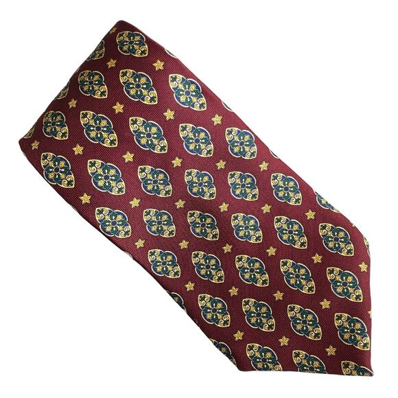 Tommy Hilfiger Maroon Red Yellow Classic Star Geometric Mandela Silk Neck Tie - Picture 1 of 5